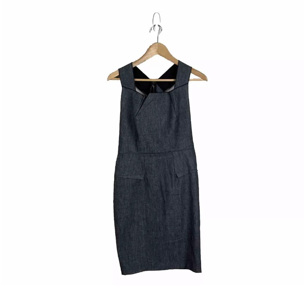 Roland Mouret Dress Denim Pleated Asymmetrical Neck Cut Out